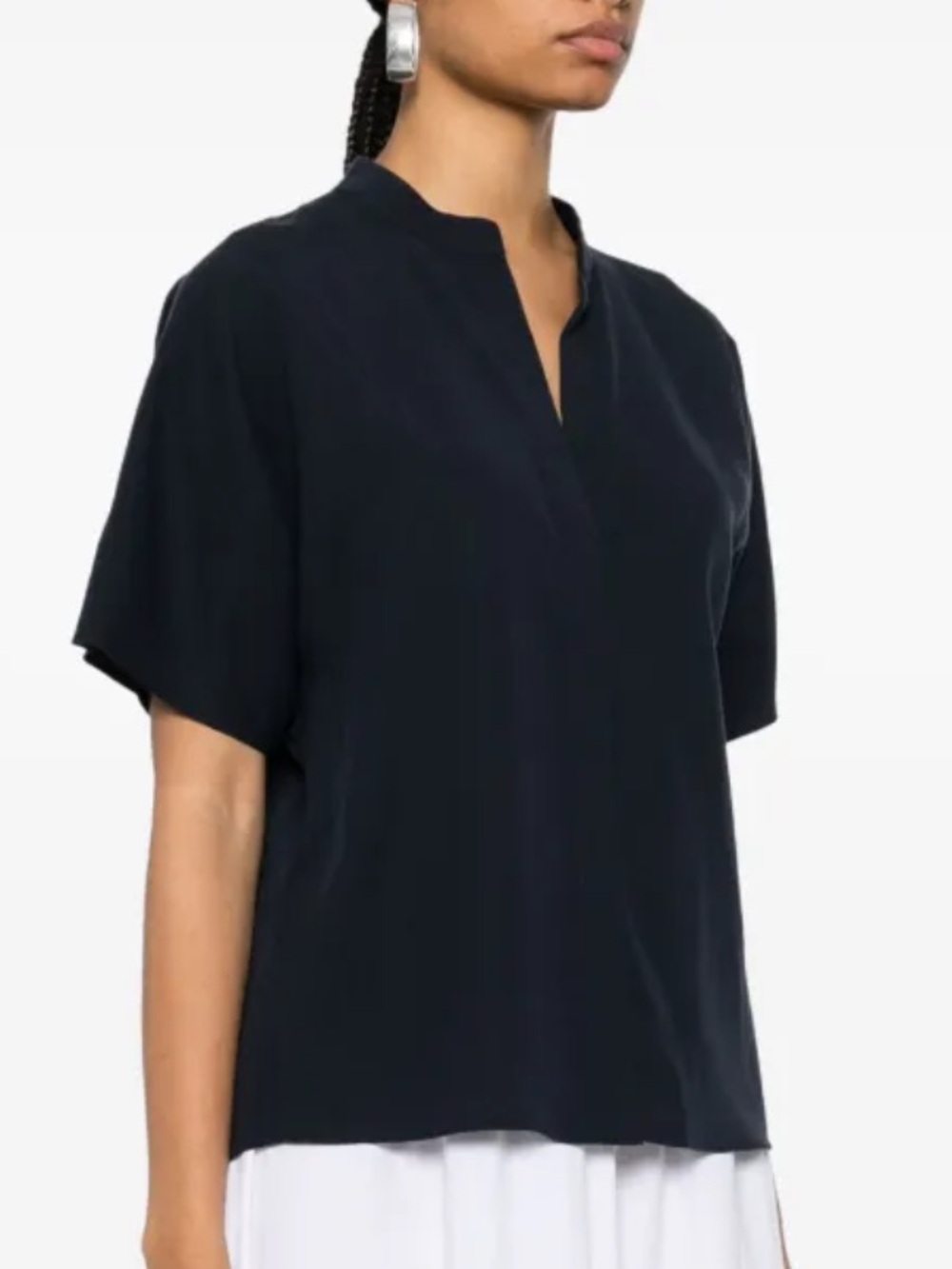 Vince Silk Black Short-Sleeve Split-Neck Blouse